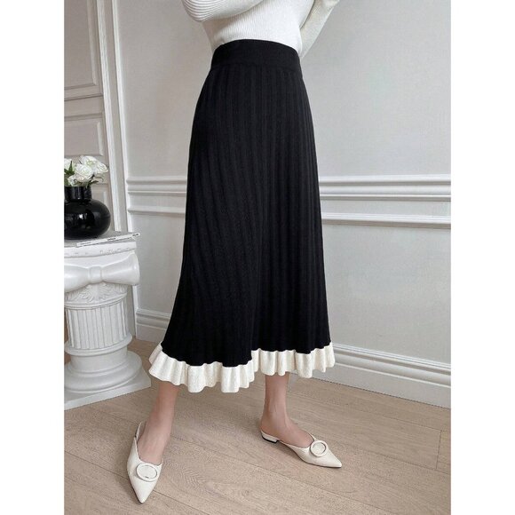 Contrast hem pleated sweater knit midi skirt minimalist black white - Picture 1 of 4